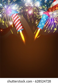 Sparkling fireworks explosion background with American Flag for 4th of July, Independence Day celebration.