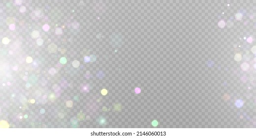 Sparkling glare light effects with colorful shimmer. Beautiful lens flare effect with bokeh, glittery particles and rays. Shining abstract background. Vector illustration