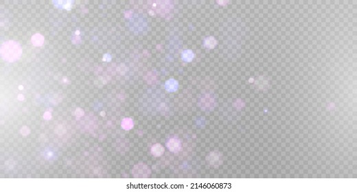 Sparkling glare light effects with colorful shimmer. Beautiful lens flare effect with bokeh, glittery particles and rays. Shining abstract background. Vector illustration