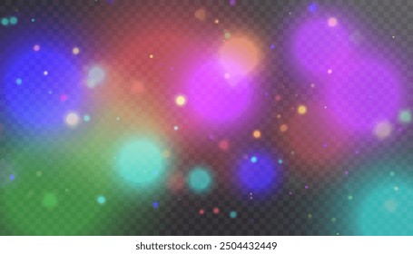 Sparkling glare light effects with colorful shimmer. Beautiful lens flare effect with bokeh, glittery particles and rays. Shining abstract background. Vector illustration	