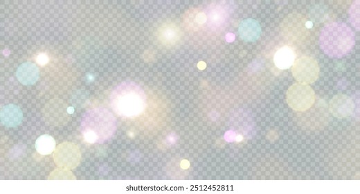 Sparkling glare light effects with colorful shimmer. Beautiful lens flare effect with bokeh, glittery particles and rays. Shining abstract background. Vector illustration	
