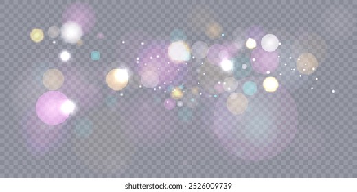 Sparkling glare light effects with colorful shimmer. Beautiful lens flare effect with bokeh, glittery particles and rays. Shining abstract background. Vector illustration