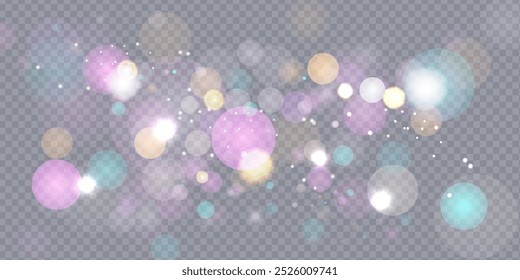 Efeitos de luz brilhante brilhante com brilho colorido. Efeito de flare de lente bonita com bokeh, partículas de brilho e raios. Plano de fundo abstrato brilhante. Ilustração vetorial