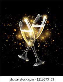 Sparkling glasses of champagne on black background, gold bokeh effect, realistic wineglass with fizzy drink, celebrate concept, vector illustration