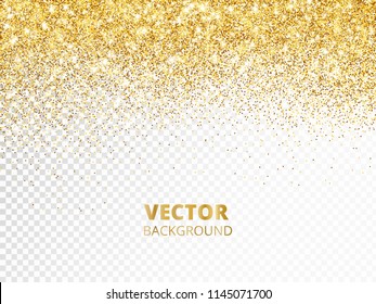 Sparkling glitter border, frame. Falling golden dust isolated on transparent background. Vector gold decoration. For wedding invitations, party posters, Christmas, New Year and birthday cards.