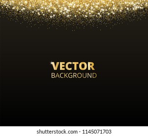 Sparkling glitter border, frame. Falling golden dust on black background. Vector gold glittering decoration. For wedding invitations, party posters, Christmas, New Year and birthday cards.