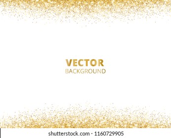 Sparkling glitter border, frame. Falling golden dust isolated on white background. Vector gold glittering decoration. For wedding invitations, party posters, Christmas, New Year and birthday cards.