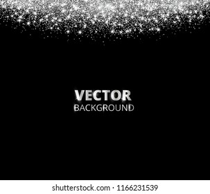 Sparkling glitter border, frame. Falling silver dust on black background. Vector white glittering decoration. For wedding invitations, party posters, Christmas, New Year and birthday cards.