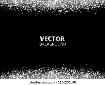 Sparkling glitter border, frame. Falling silver dust on black background. Vector white glittering decoration. For wedding invitations, party posters, Christmas, New Year and birthday cards.
