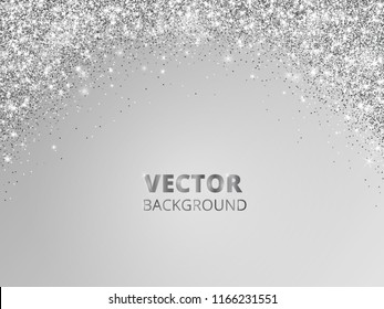 Sparkling glitter border, frame. Falling silver dust on gray background. Vector arch glittering decoration. For wedding invitations, party posters, Christmas, New Year and birthday cards.