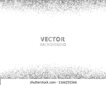 Sparkling glitter border, frame. Falling silver dust isolated on white background. Vector glittering decoration. For wedding invitations, party posters, Christmas, New Year and birthday cards.