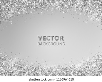 Sparkling glitter border, frame. Falling silver dust on gray background. Vector arch glittering decoration. For wedding invitations, party posters, Christmas, New Year and birthday cards.