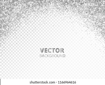 Sparkling glitter border, frame. Falling silver dust isolated on transparent. Vector arch glittering decoration. For wedding invitations, party posters, Christmas, New Year and birthday cards.