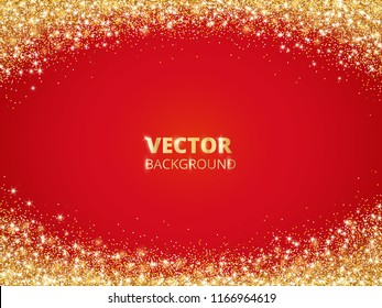 Sparkling glitter border, frame. Falling golden dust on red background. Vector gold arch decoration. For wedding invitations, party posters, Christmas, New Year and birthday cards.