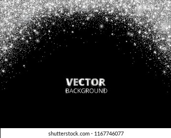 Sparkling glitter border, frame. Falling silver dust on black background. Vector white glittering arch decoration. For wedding invitations, party posters, Christmas, New Year and birthday cards.