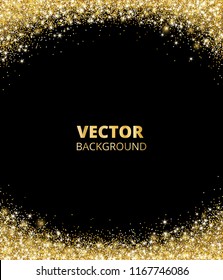 Sparkling glitter border, frame. Falling golden dust on black background. Vector gold arch decoration. For wedding invitations, party posters, Christmas, New Year and birthday cards.