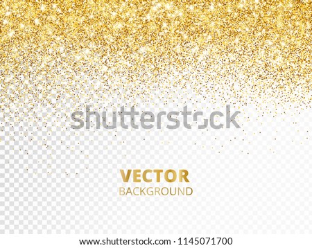 Sparkling glitter border, frame. Falling golden dust isolated on transparent background. Vector gold decoration. For wedding invitations, party posters, Christmas, New Year and birthday cards.