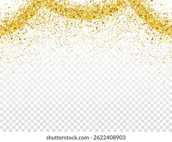 Borde brillante, marco. Confeti de brillo dorado cayendo sobre fondo transparente para celebraciones y Diseños de fiesta.