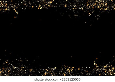 Borde de brillo resplandeciente, marco vectorial. Fondo festivo con una caída brillante de confetti, polvo dorado.