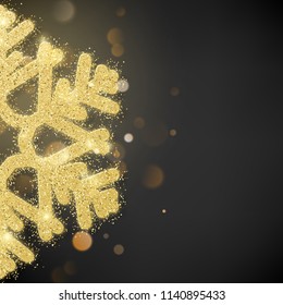 Sparkling glitter covered gold snowflake. Invitation happy New Year and Christmas card template. EPS 10