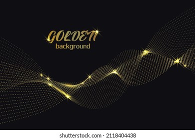 Sparkling glitter dust on black. Abstract wave of shiny gold particles on a dark background. Vector glow light effect. Glowing invitation template.Golden confetti.