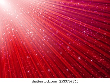 Sparkling glitter and glowing rays with shiny stars. Christmas red background.