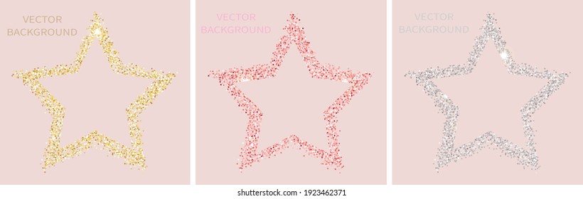 Sparkling glitter star isolated on pink background with space for text. For social media posts, mobile apps, banners design and for web, internet. Glitter style. Vector set.