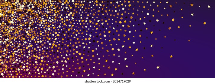 Sparkling Glitter Vector Panoramic Purple Background. Shiny Decoration Rain Template. Dust Xmas Banner.  Gilded Party Sparkle Border.