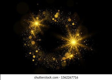 Efecto brillante resplandeciente, luces de bokeh brillantes. Marco decorativo redondo dorado sobre fondo negro.
