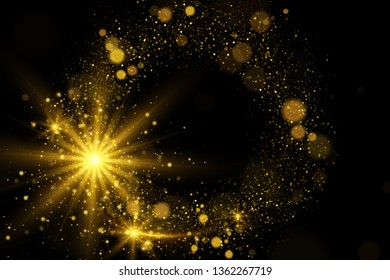 Sparkling glittering effect, glowing bokeh lights. Round golden decorative frame on black background.