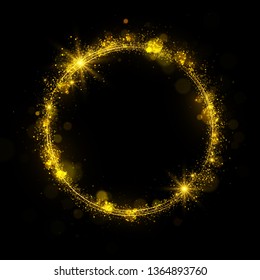 Sparkling glittering effect, glowing bokeh lights. Round golden decorative frame on black background. Luxury banner design.