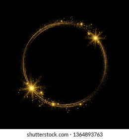 Sparkling glittering effect, glowing bokeh lights. Round golden decorative frame on black background. Luxury banner design.
