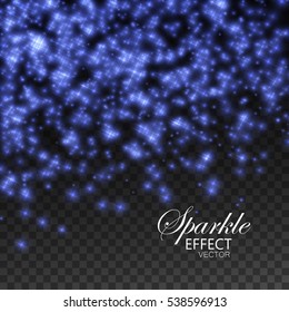Sparkling Glitters and Stars. Vector Festive Illustration of Falling Shiny Particles. Fire Stars Isolated on Transparent Checkered Background. Holiday Star Burst Element for Design