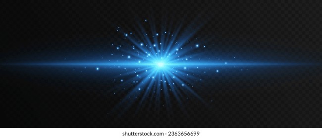 Sparkling glowing star with horizontal light effect isolated on a dark transparent background. Bright flash with dynamic rays and flying magical dust. Lights bokeh. Vector illustration. EPS 10.