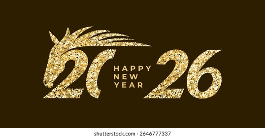 A sparkling gold "2026" design features a horse silhouette, marking the Chinese zodiac Year of the Horse. A festive Asian New Year greeting for the holiday, celebrating Chinese culture and tradition.