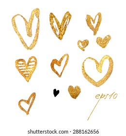 Sparkling gold acrylic stain. Vector metallic paint blob banner. Glamour heart illustraion.. Hand drawn. Gold watercolor heart vector.