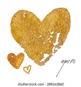 Sparkling gold acrylic stain. Vector metallic paint blob banner. Glamour heart illustraion.. Hand drawn. Gold watercolor heart vector.