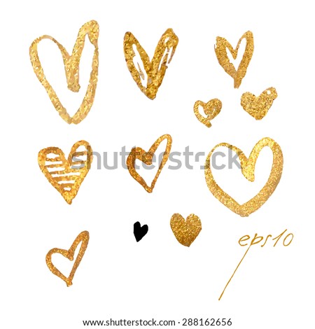 Sparkling gold acrylic stain. Vector metallic paint blob banner. Glamour heart illustraion.. Hand drawn. Gold watercolor heart vector.
