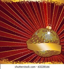 sparkling gold bauble with banner on a red star burst background