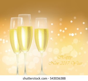 Sparkling gold champagne glasses. Vector illustration. Happy New Year card. Place for your text message.