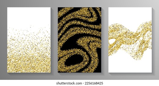 Sparkling gold confetti dot scatter texture. Triangle square circle star granules noise. Banner template. Messy grit elements powder confetti. Party decoration spark splatter