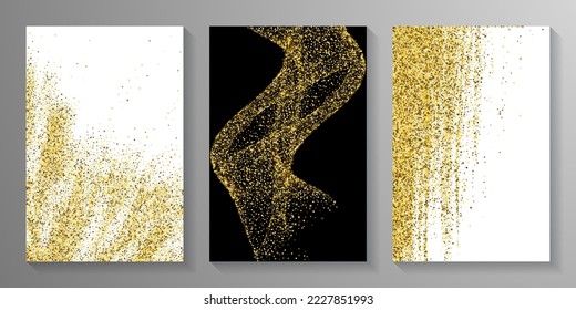 Sparkling gold confetti dust scatter texture. Triangle square circle star elements noise. Banner template. Luxury crumb granules powder confetti. Party decoration sequins splash