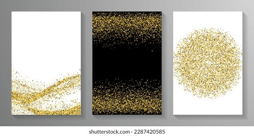 Sparkling gold confetti dust scatter pattern. Triangle square circle star granules background. Banner template. Glittering crumb elements grain confetti. Birthday decoration stardust explosion