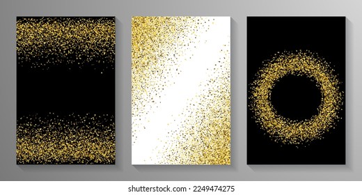 Sparkling gold confetti powder scatter texture. Triangle square circle star granules noise. Banner template. Blink grit elements grain confetti. Party decoration sequins splash