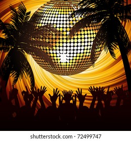 Sparkling gold disco ball and crowd in abstract tropical scene with palm trees