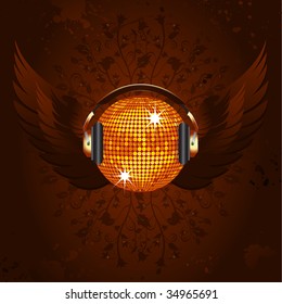 Sparkling gold disco ball with headphones and wings on a floral background