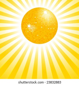 Sparkling gold disco ball on a yellow star burst background