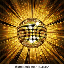 sparkling gold disco ball on satrburst background with grunge detail