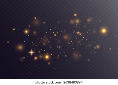 Sparkling gold dust particles. Light effect of glare and stars. On transparent background. Vector EPS 10.
