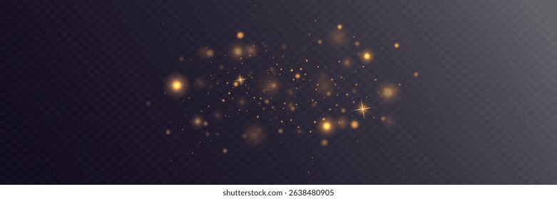 Sparkling gold dust particles. Light effect of glare and stars. On transparent background. Vector EPS 10.